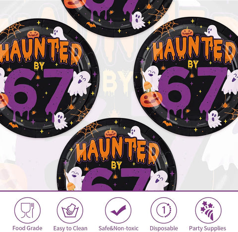 Full stack of 50 Haunted by 67 birthday plates
