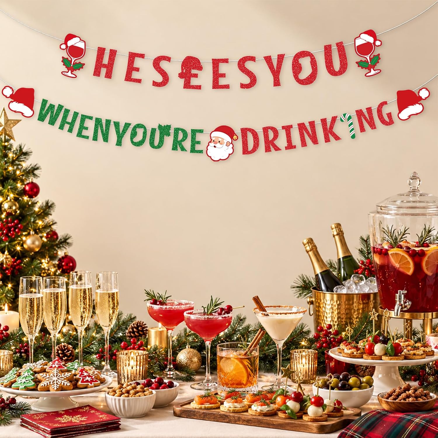 Grencian He Sees You When You're Drinking Christmas Banner - Grencian