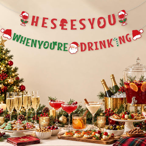 Grencian He Sees You When You're Drinking Christmas Banner - Grencian