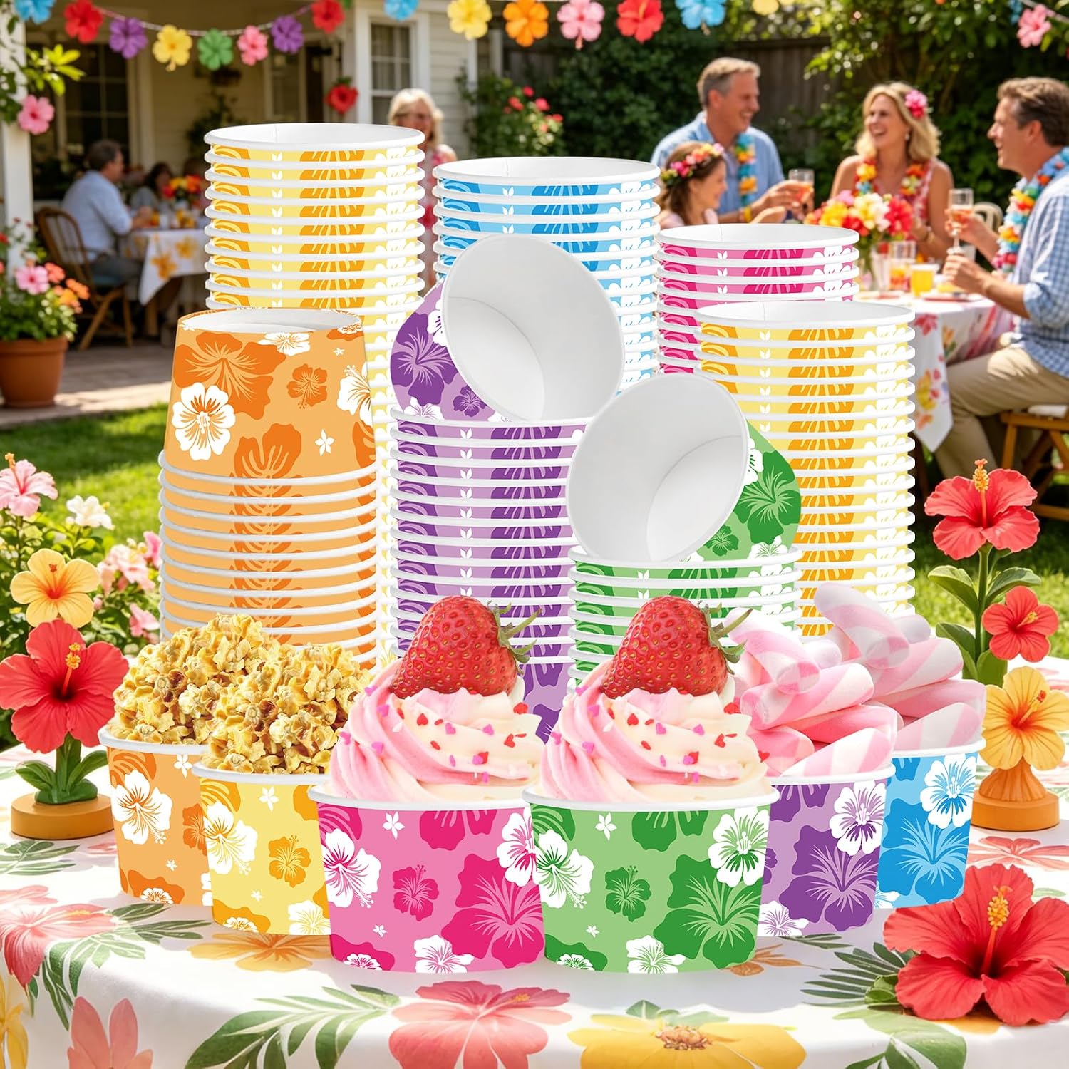 Summer beach birthday party scene with Hawaiian hibiscus cups