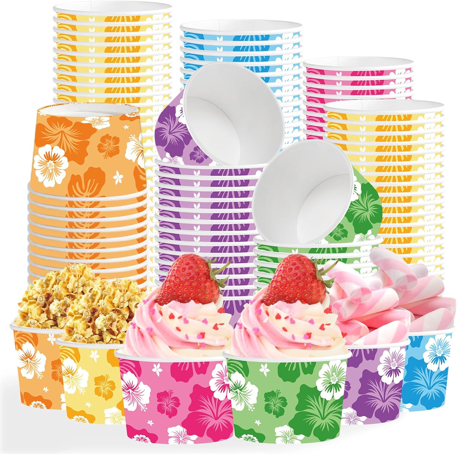 Grencian 120-piece summer hibiscus ice cream cups with Hawaiian design