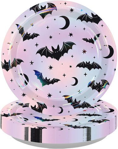 Grencian 50Pcs Halloween holographic bat paper plates 9 inch