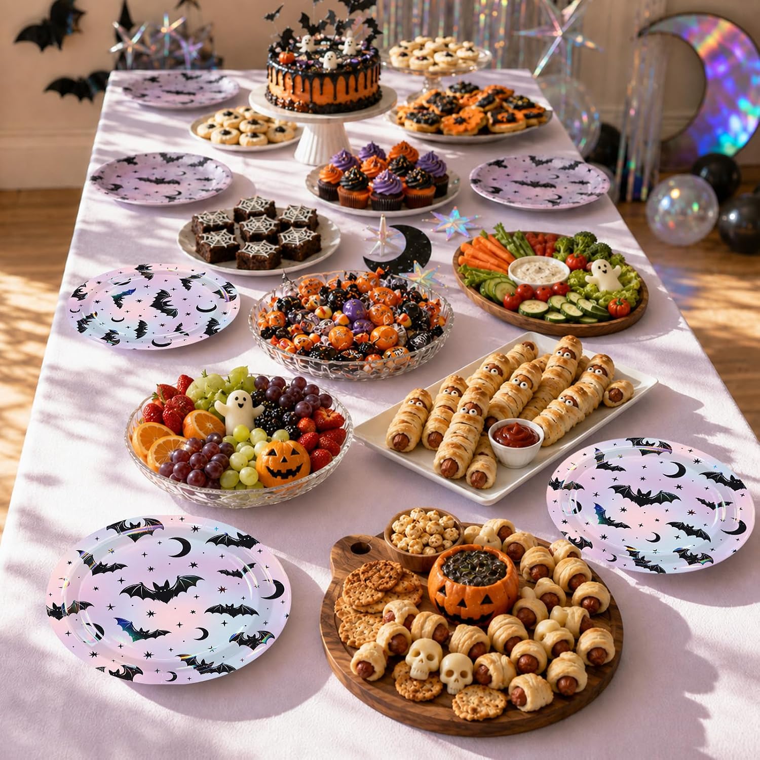 Party spread served on the purple bat plates