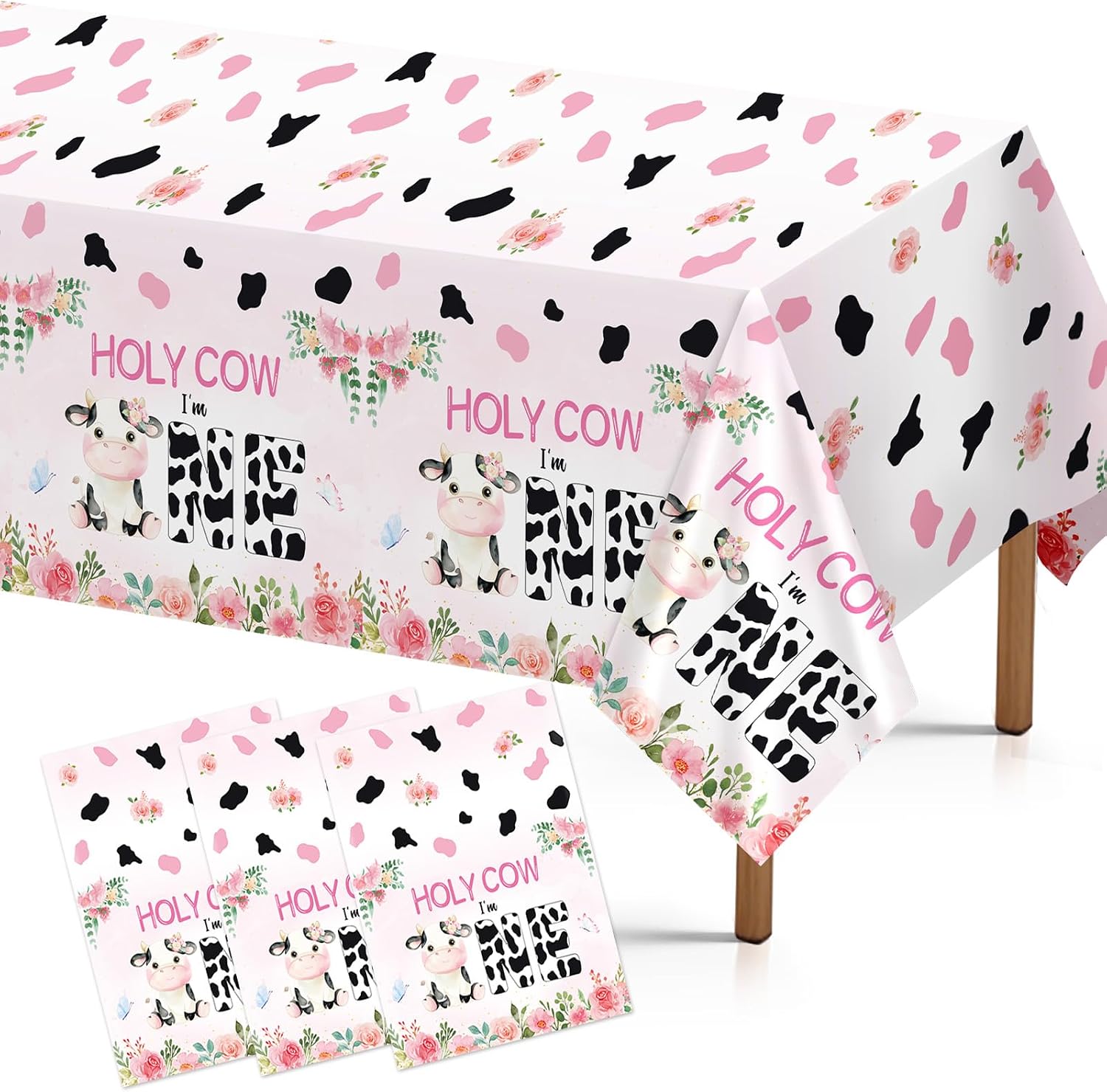 Grencian 3-piece Holy Cow I'm One birthday tablecloth set with pink cowgirl design