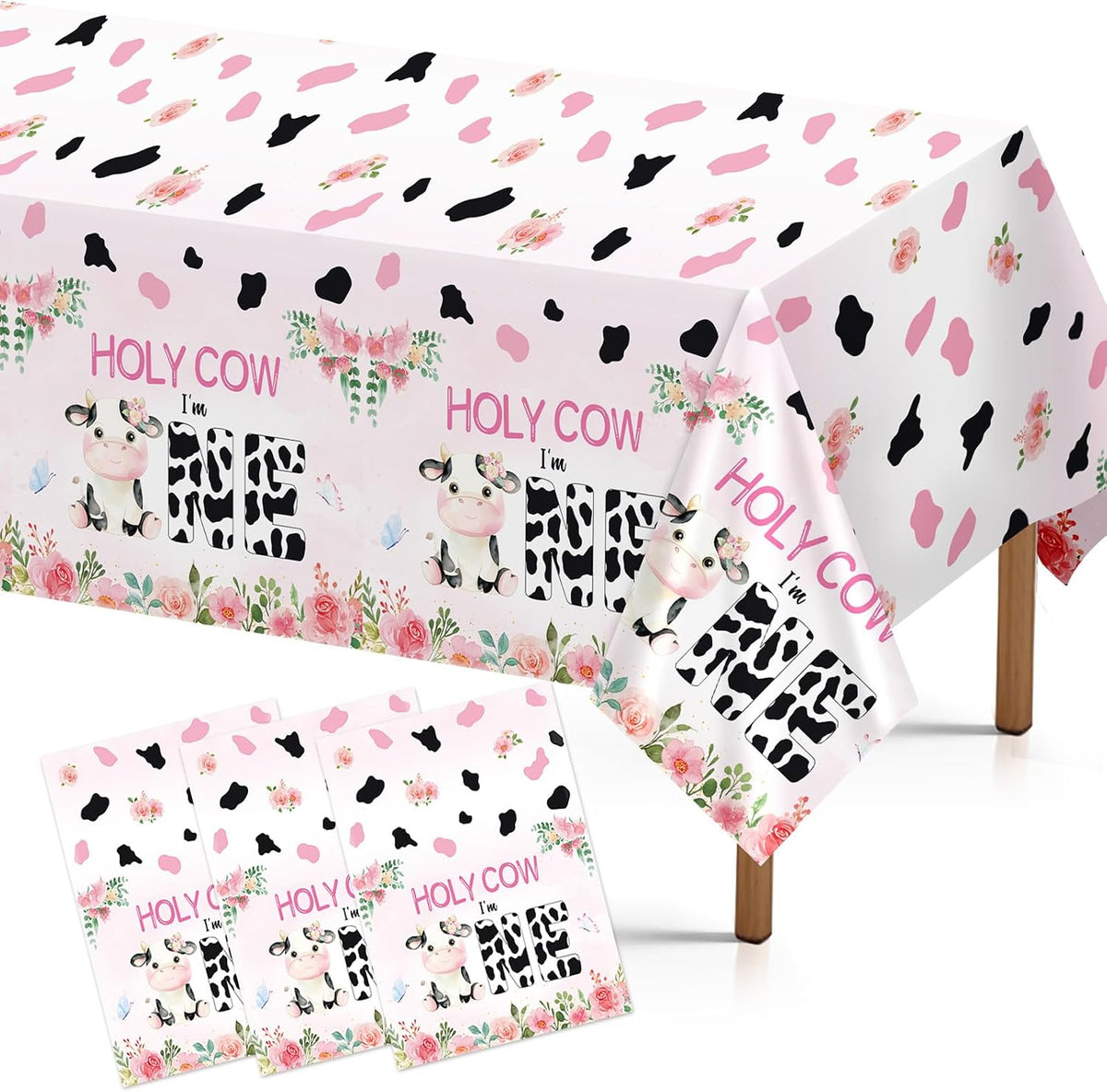 Grencian 3-piece Holy Cow I'm One birthday tablecloth set with pink cowgirl design