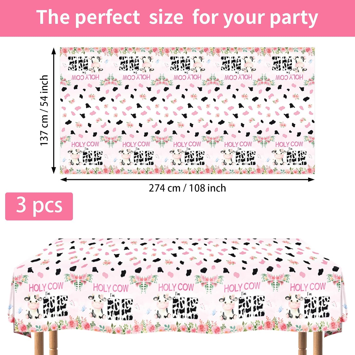 Flat lay of three Holy Cow I'm One tablecloths with cow print pattern