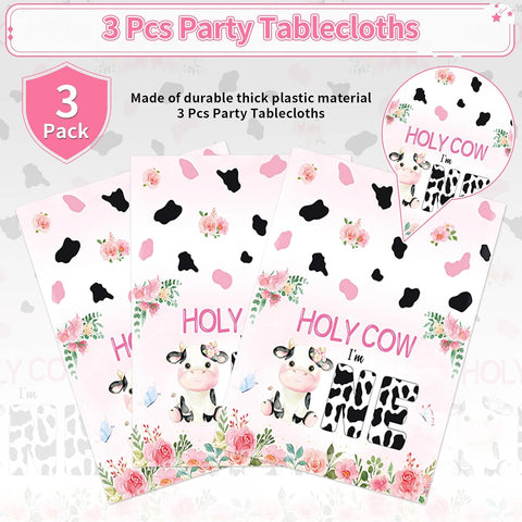 Cowgirl birthday tablecloth draped on party table with farm themed decorations
