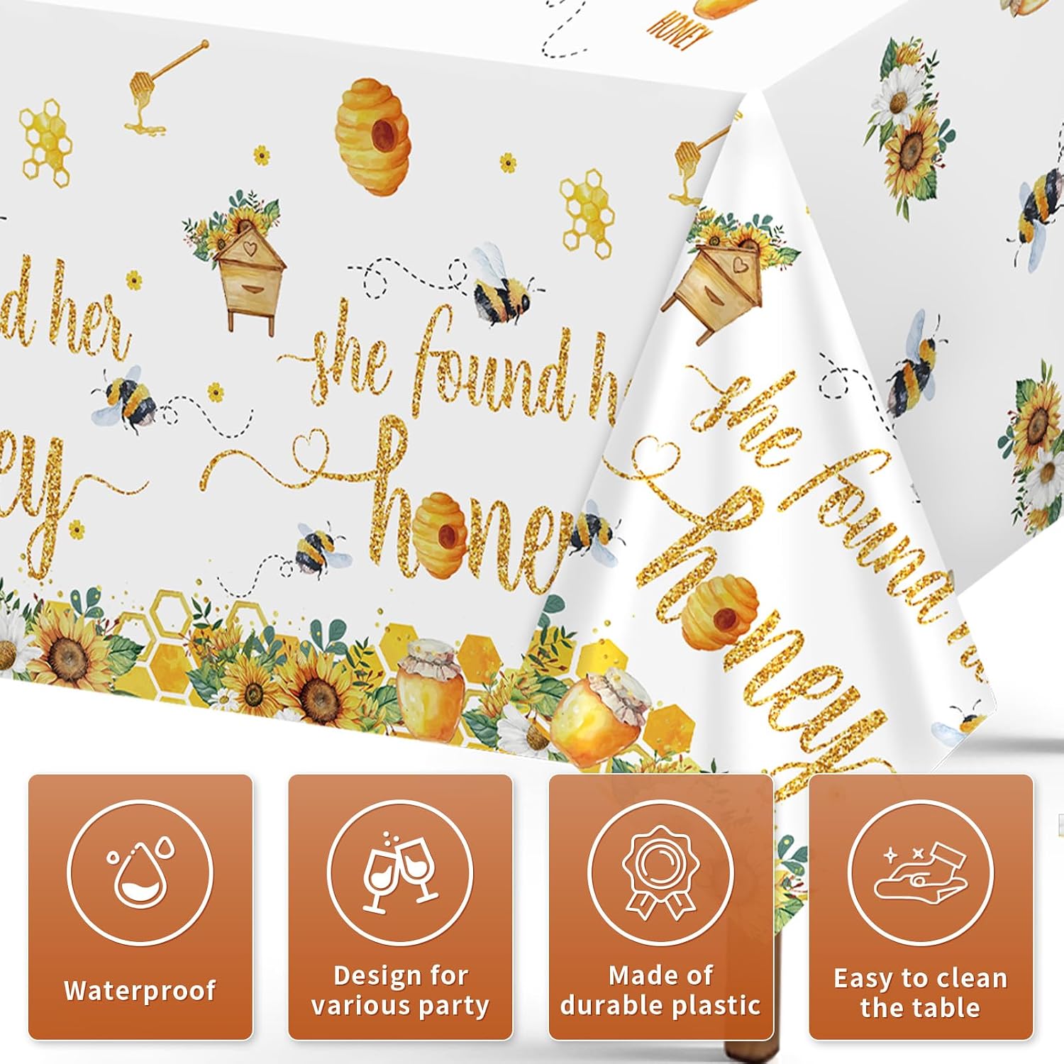 Close-up of bee bride plastic tablecloth with Bride to Bee lettering