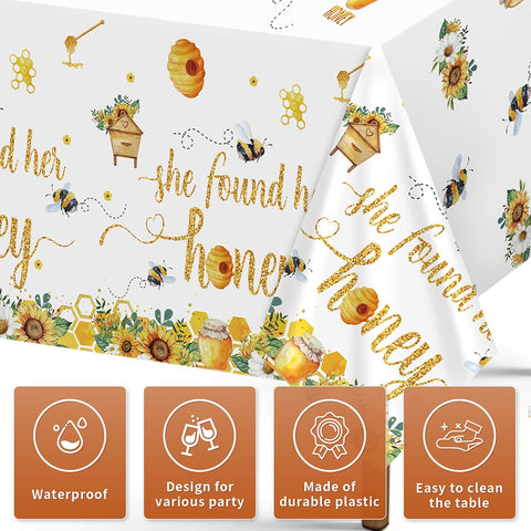 Close-up of bee bride plastic tablecloth with Bride to Bee lettering