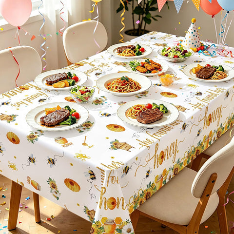Bridal shower wedding party scene with honey bee themed tablecloth