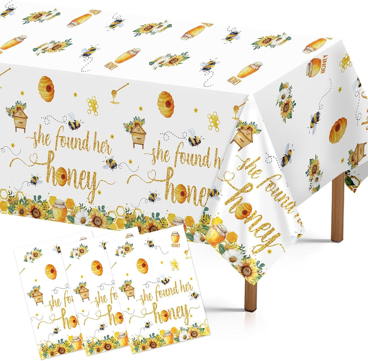 Grencian 3-piece She Found Her Honey tablecloth set with bee bridal theme