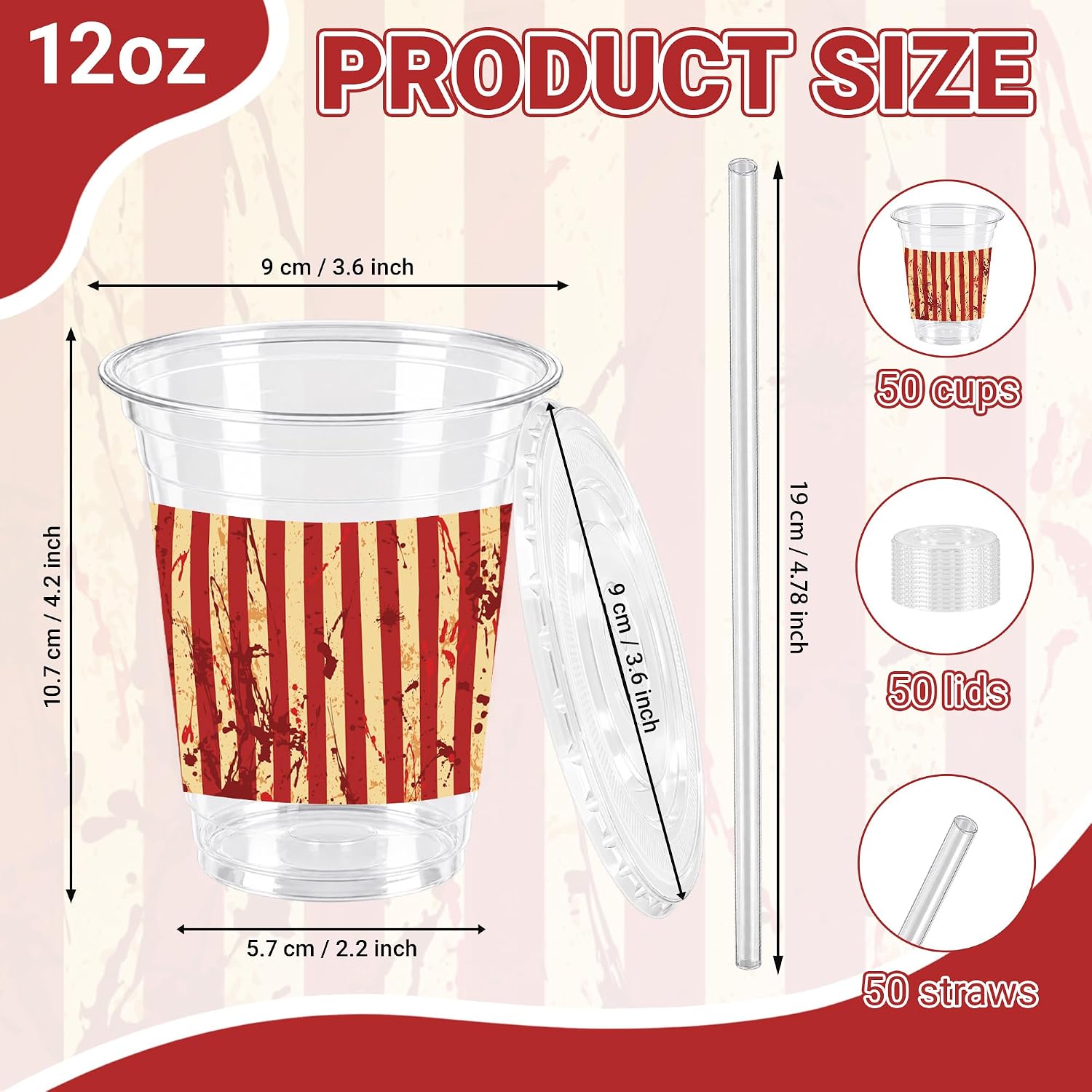 Full pack of 50 horror circus plastic cups with lids and straws