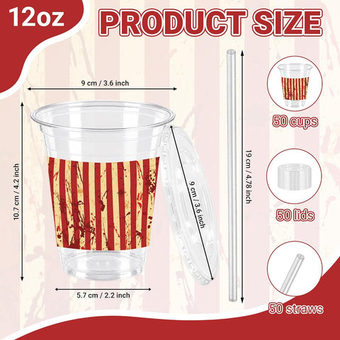 Full pack of 50 horror circus plastic cups with lids and straws