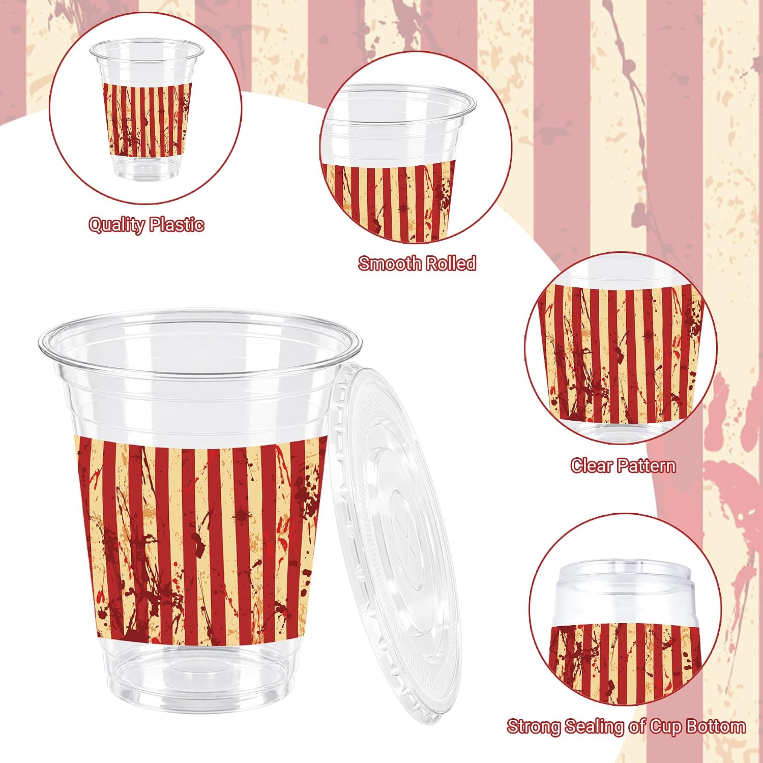 Close up of the blood splatter circus stripe print