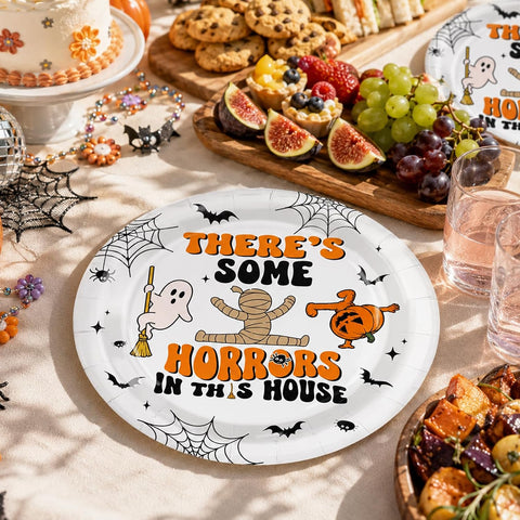 Greencian 50Pcs Halloween Horrors in This House Paper Plates 9 Inch - Grencian