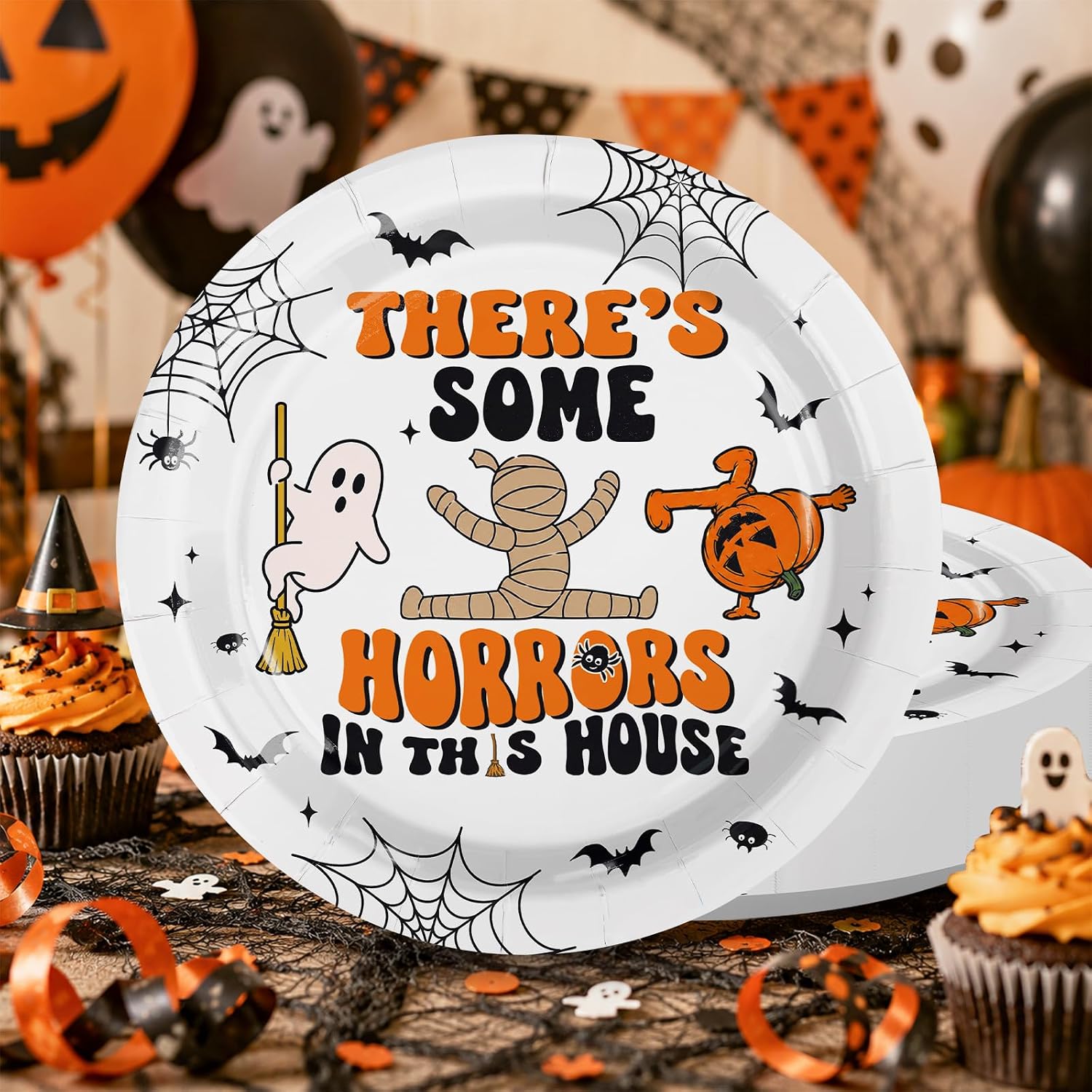 Greencian 50Pcs Halloween Horrors in This House Paper Plates 9 Inch - Grencian
