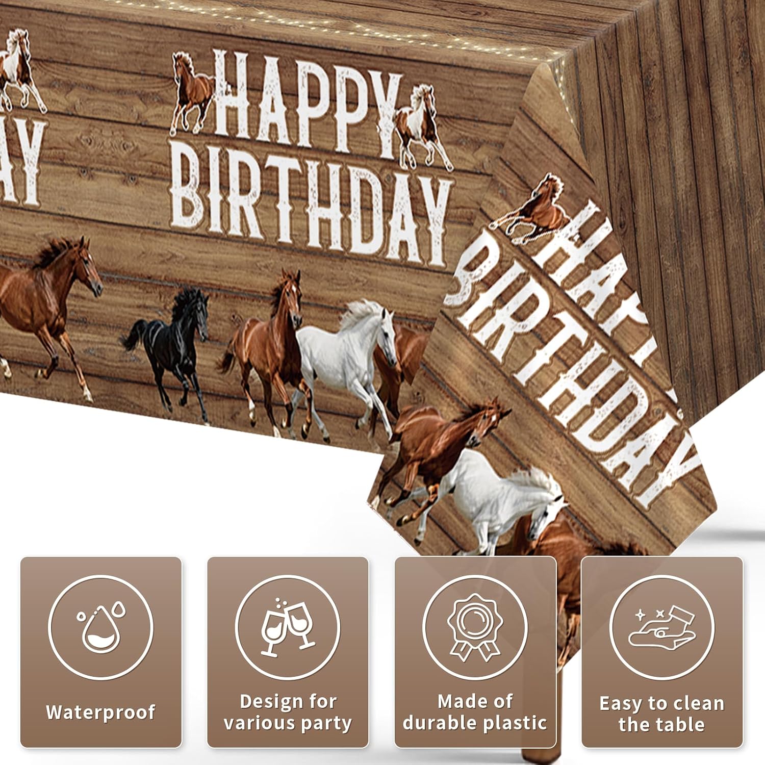 Close-up of cowboy plastic tablecloth with horse racing graphics