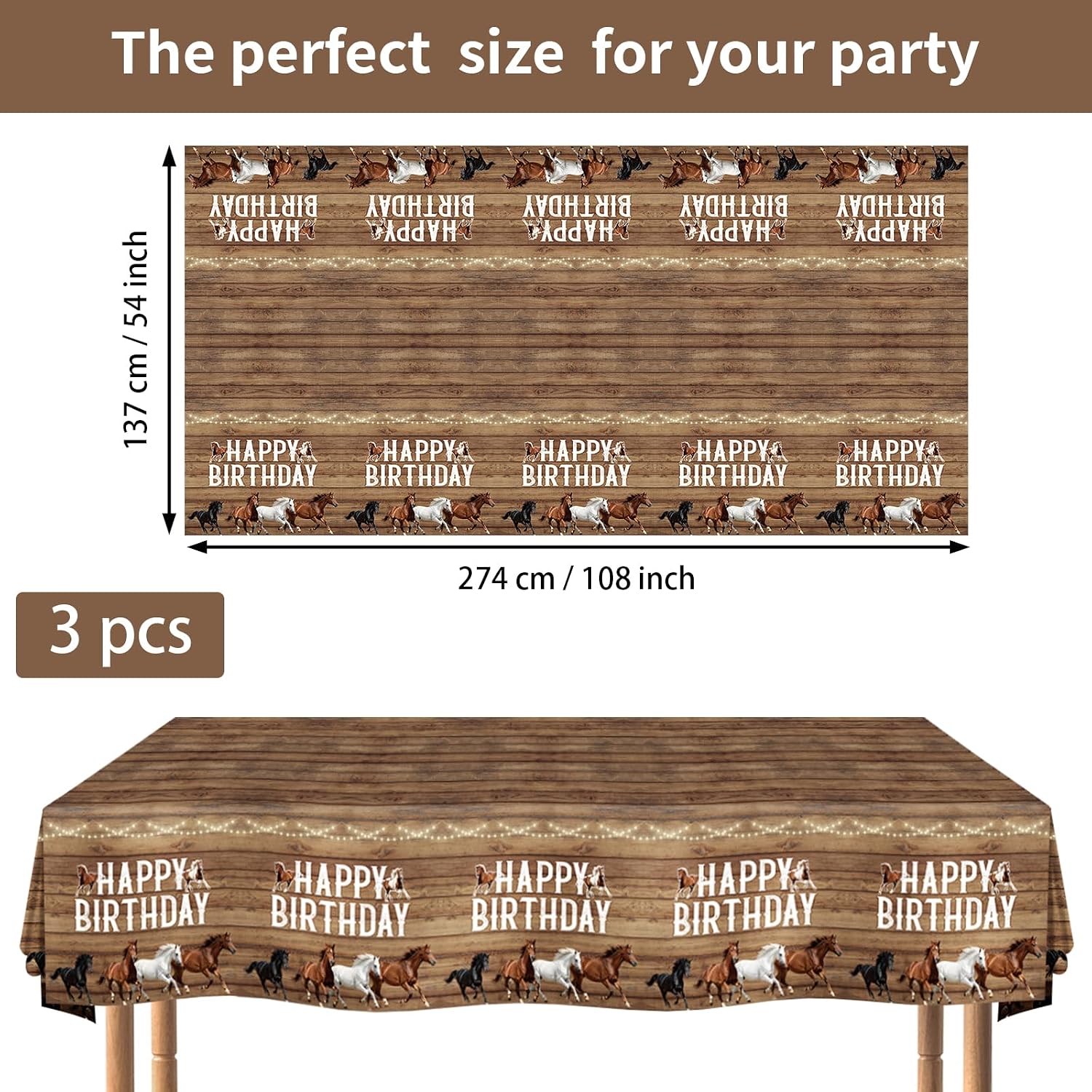 Flat lay of three horse tablecloths with western country design