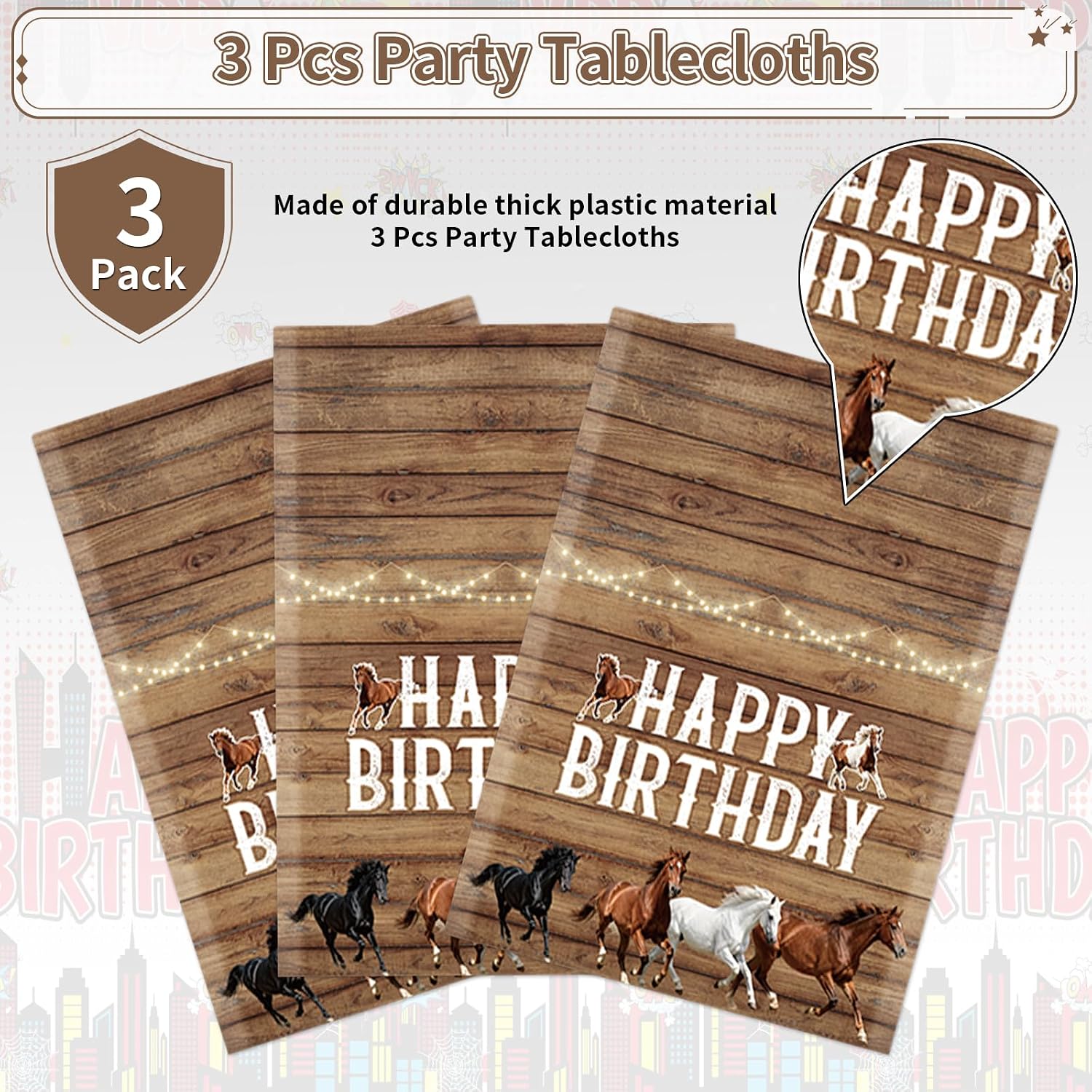 Western tablecloth draped on party table with cowboy themed decorations