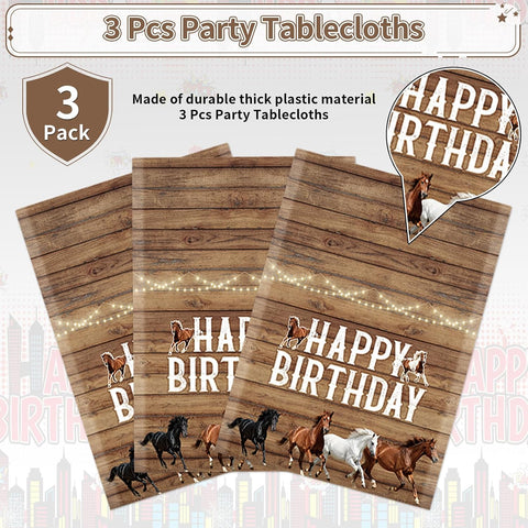 Western tablecloth draped on party table with cowboy themed decorations