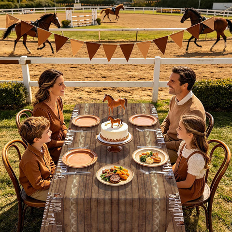Package contents infographic showing 3 Grencian horse tablecloths