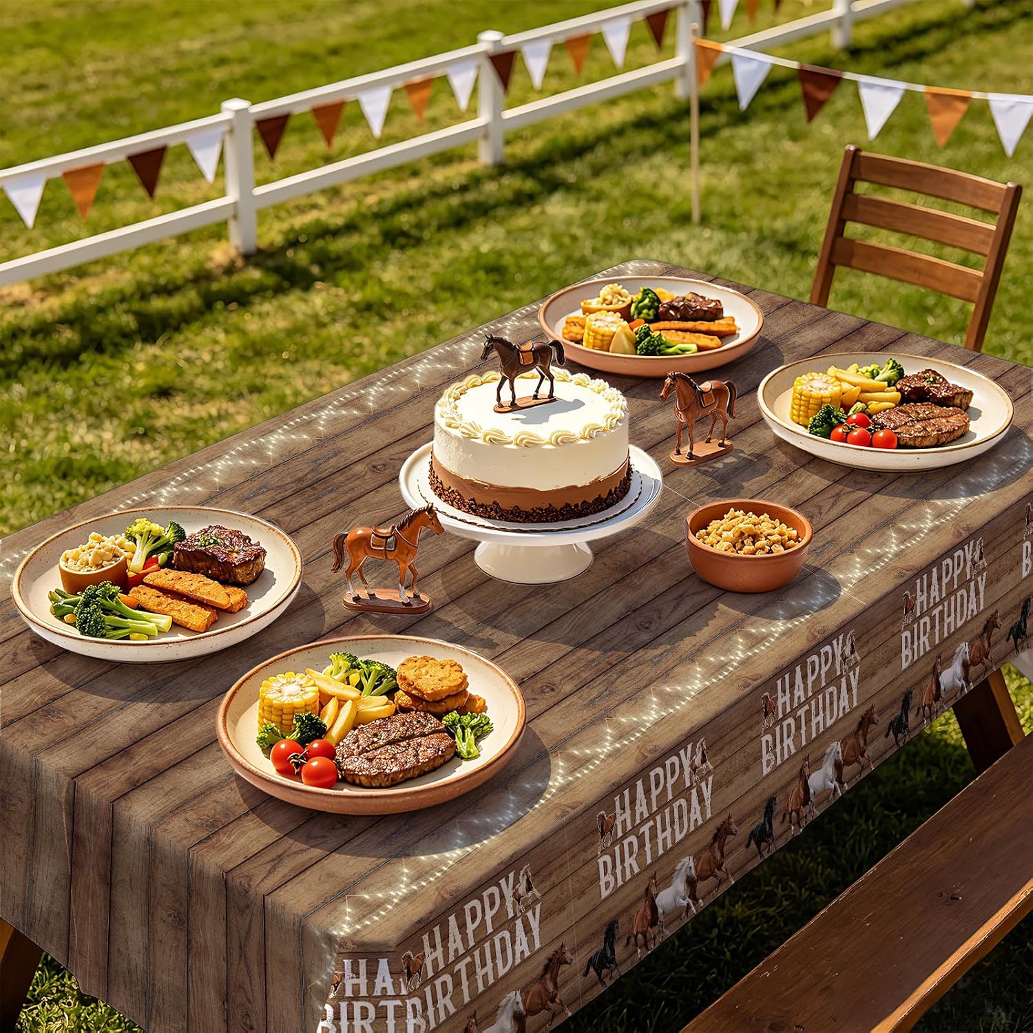 Boys horse racing birthday party scene with western themed tablecloth