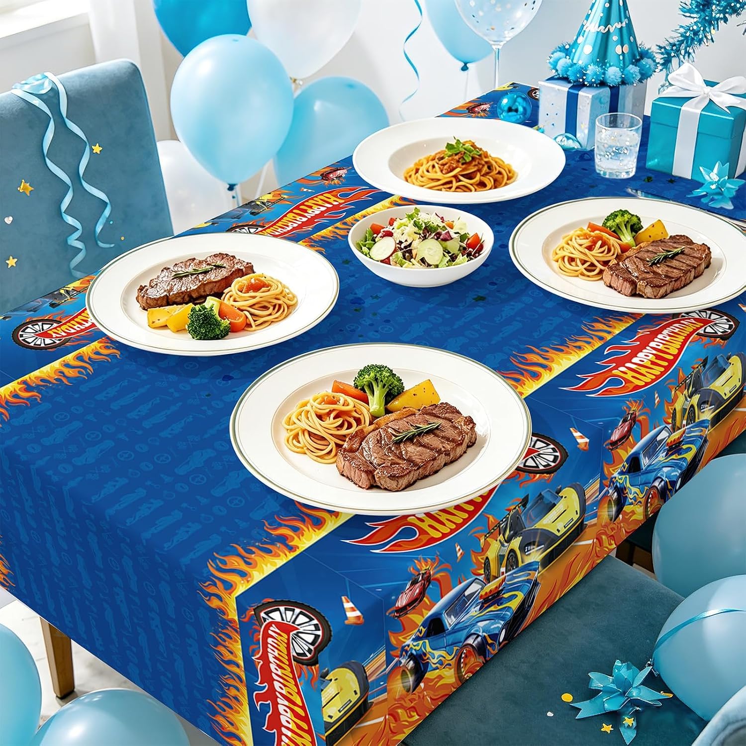 Close-up of hot car plastic tablecloth with racing car graphics