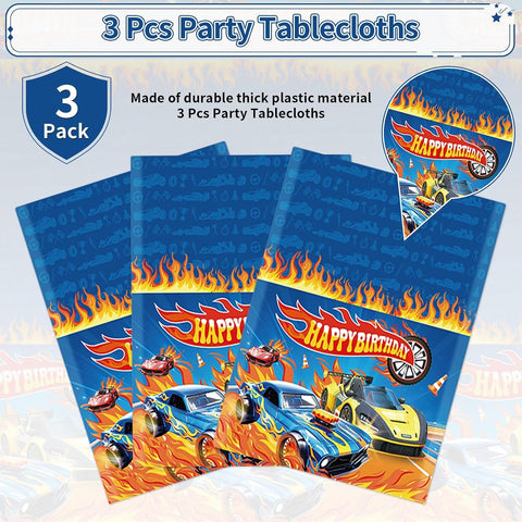 Flat lay of three hot car racing tablecloths with race car pattern