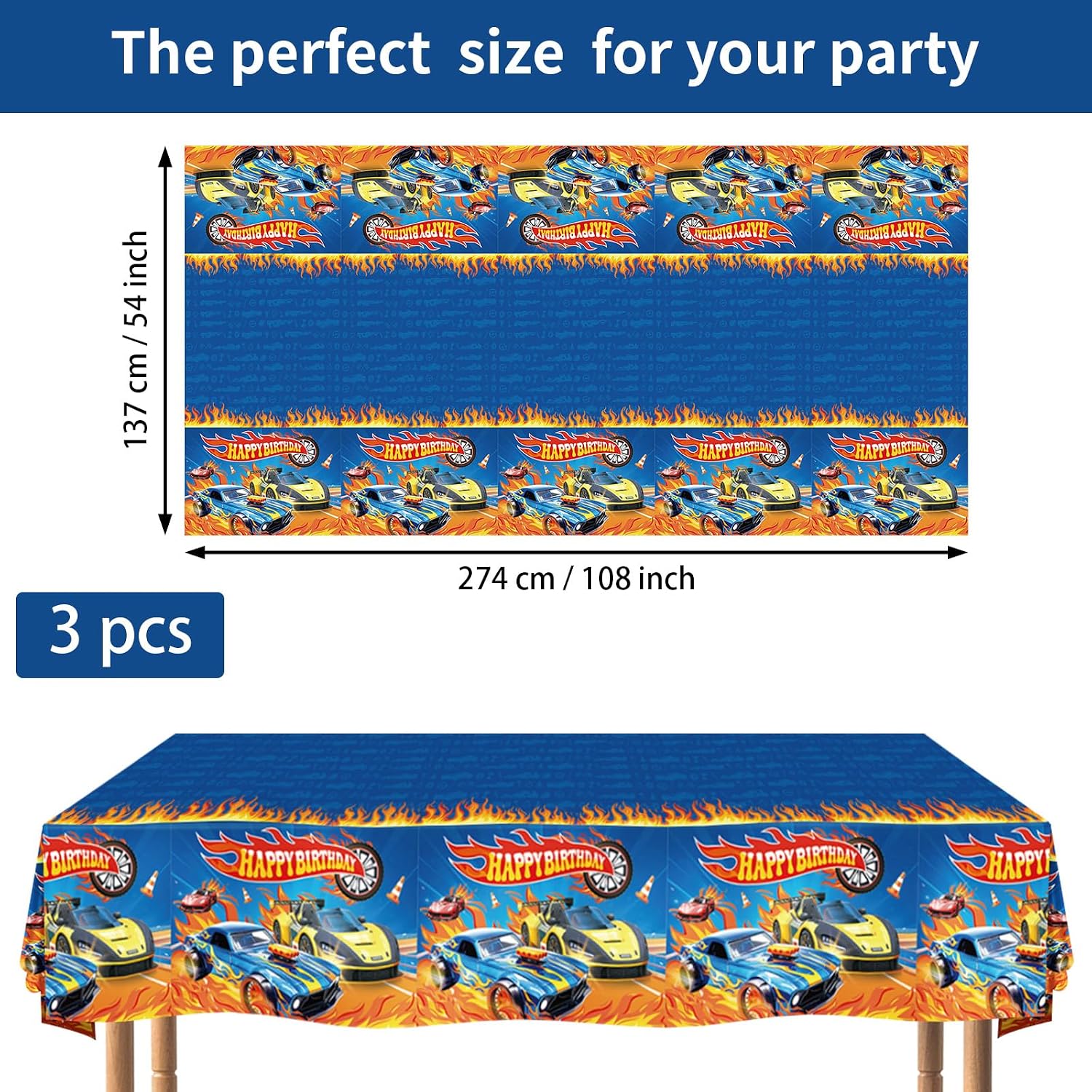 Hot car tablecloth draped on party table with racing themed decorations