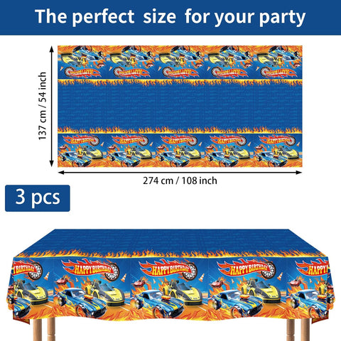 Hot car tablecloth draped on party table with racing themed decorations