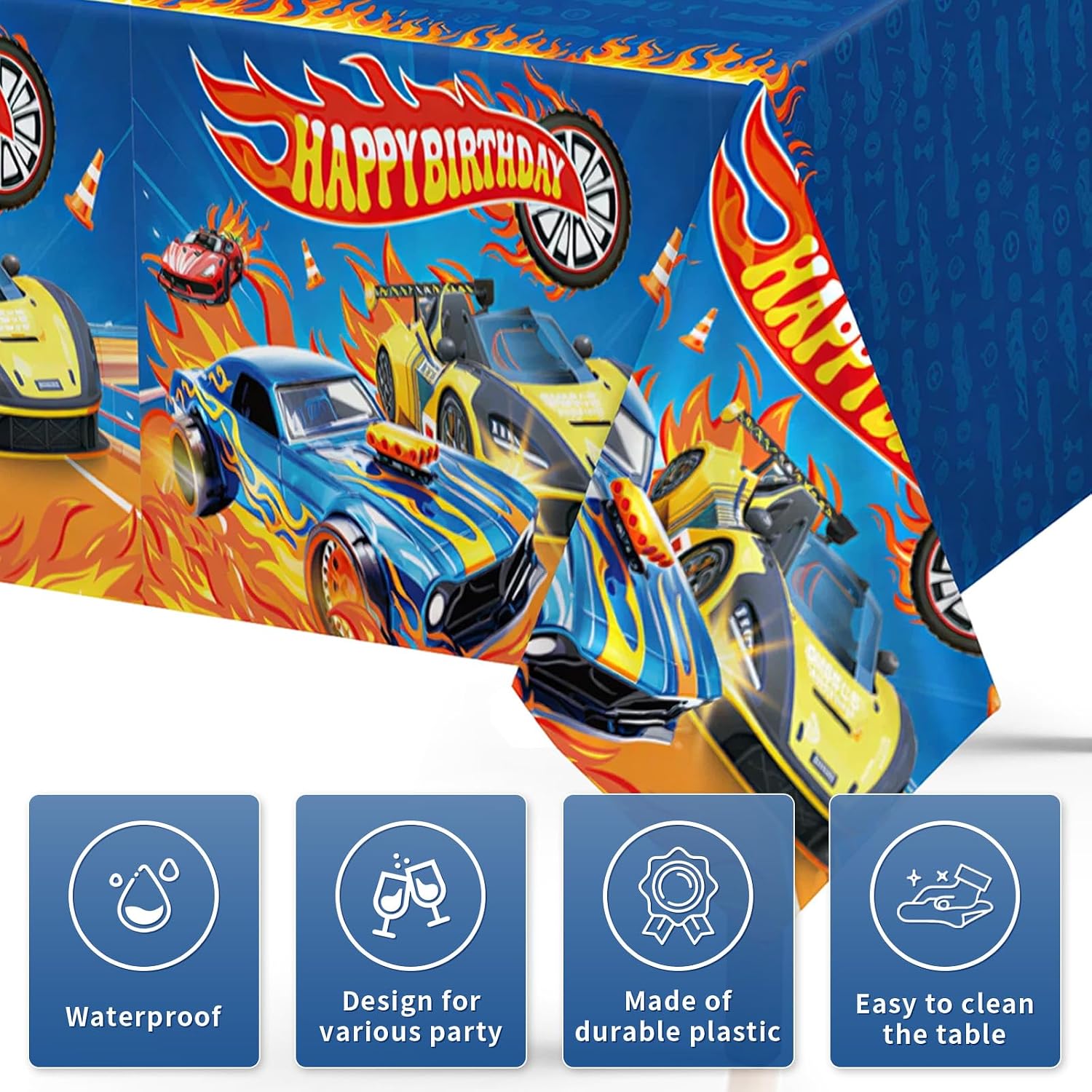 Boys racing car birthday party scene with hot car themed tablecloth