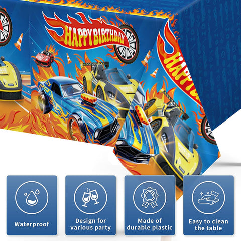 Boys racing car birthday party scene with hot car themed tablecloth