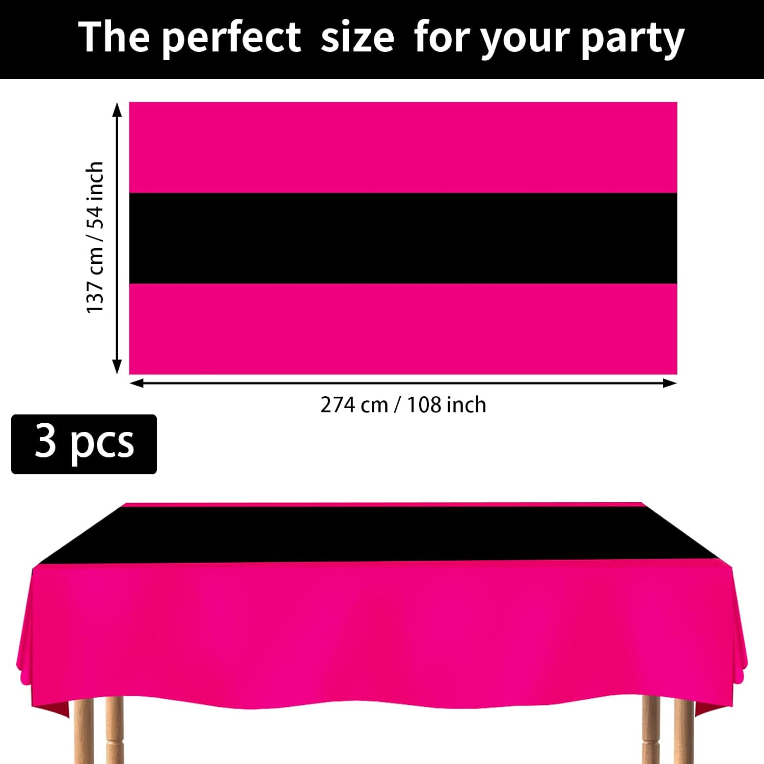 Flat lay of three hot pink and black tablecloths