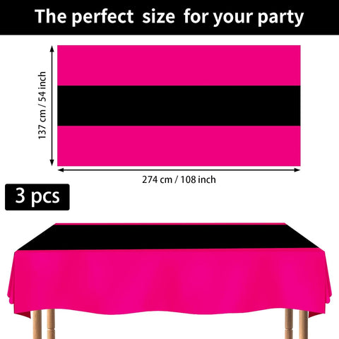 Flat lay of three hot pink and black tablecloths