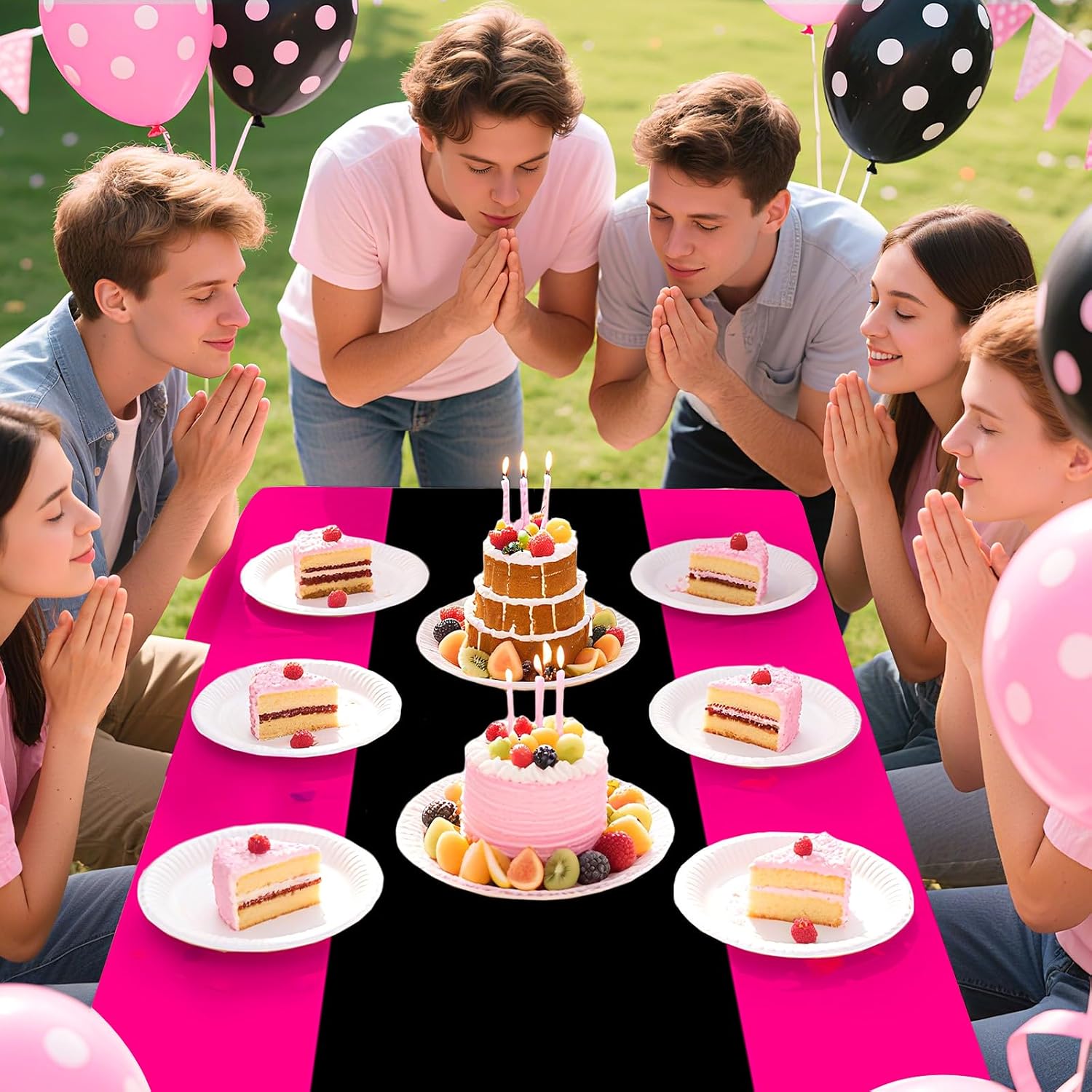 Graduation or bachelorette party scene with hot pink and black tablecloth
