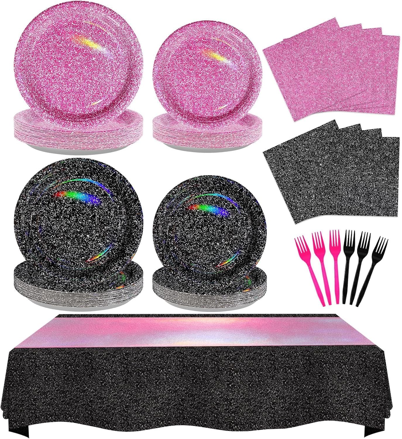 98Pcs Hot Pink and Black Party Supplies Serves 24 - Grencian