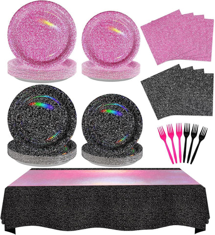 98Pcs Hot Pink and Black Party Supplies Serves 24 - Grencian