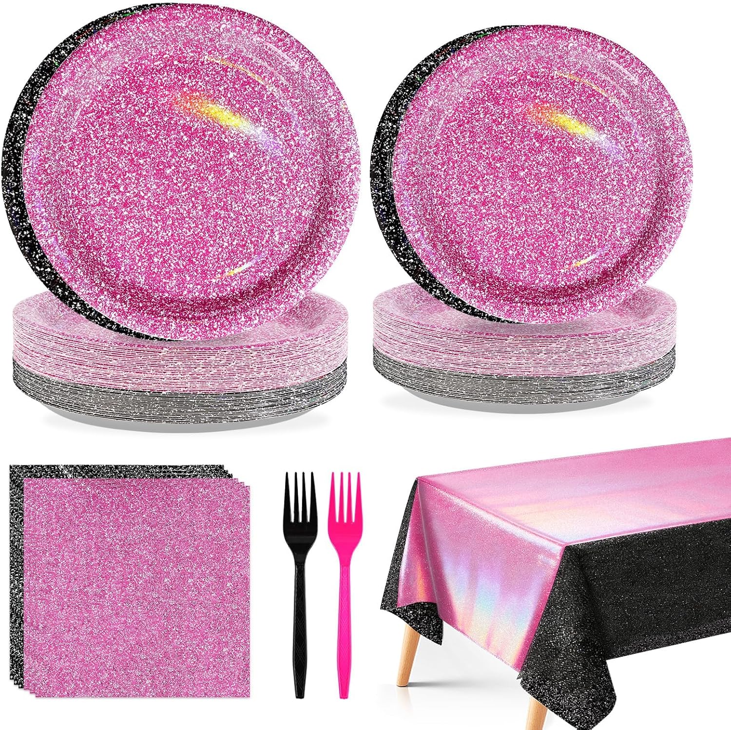 98Pcs Hot Pink and Black Party Supplies Serves 24 - Grencian