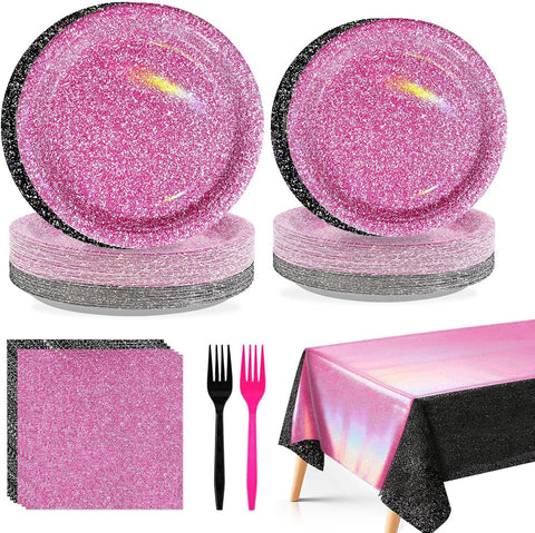 98Pcs Hot Pink and Black Party Supplies Serves 24 - Grencian