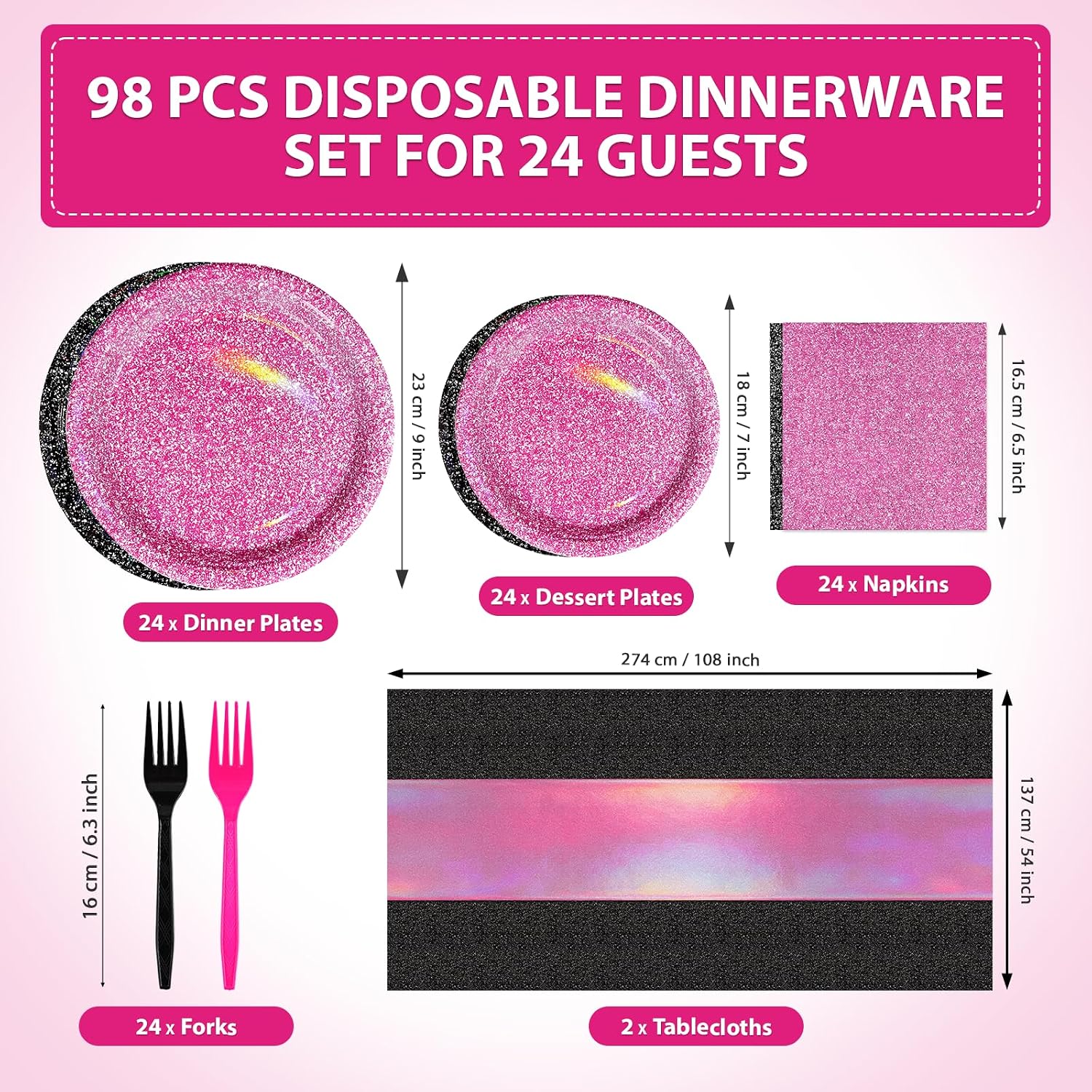98Pcs Hot Pink and Black Party Supplies Serves 24 - Grencian
