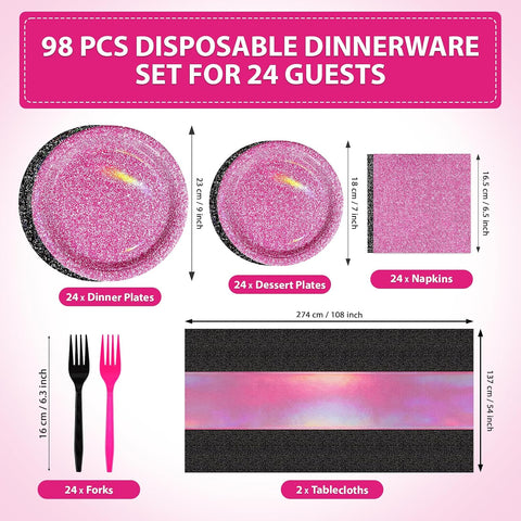 98Pcs Hot Pink and Black Party Supplies Serves 24 - Grencian