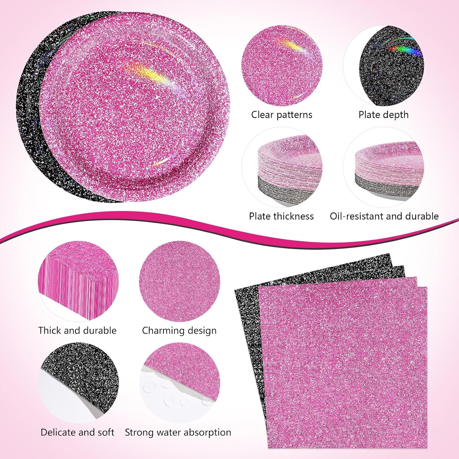 98Pcs Hot Pink and Black Party Supplies Serves 24 - Grencian