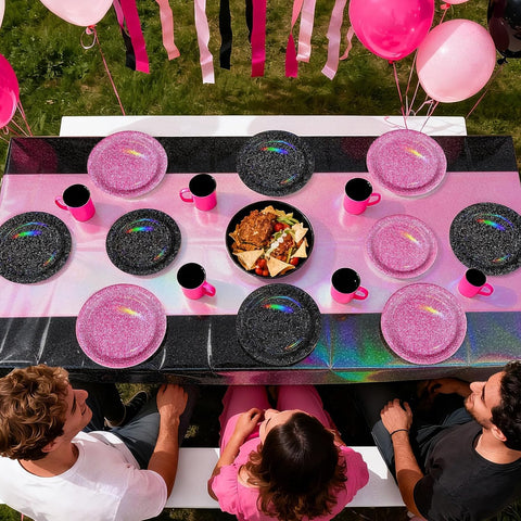 98Pcs Hot Pink and Black Party Supplies Serves 24 - Grencian