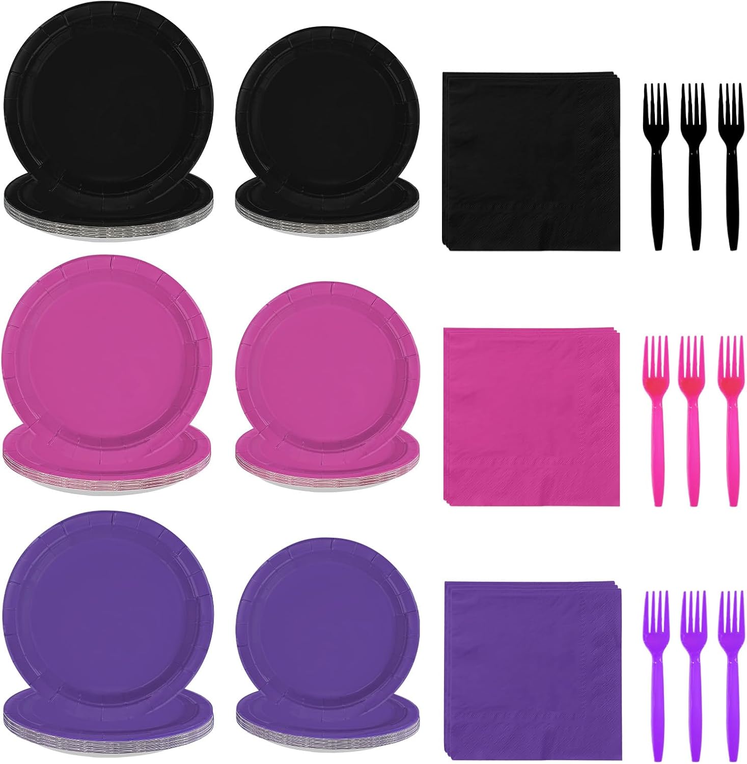 Grencian 96Pcs hot pink purple black plates and napkins set