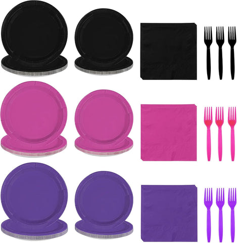 Grencian 96Pcs hot pink purple black plates and napkins set