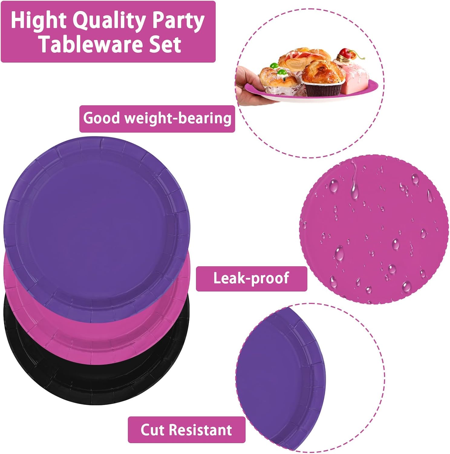 Glossy hot pink purple and black party tableware set