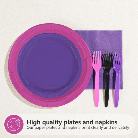 Purple dinner plate on a pink plate with pink fork and napkin