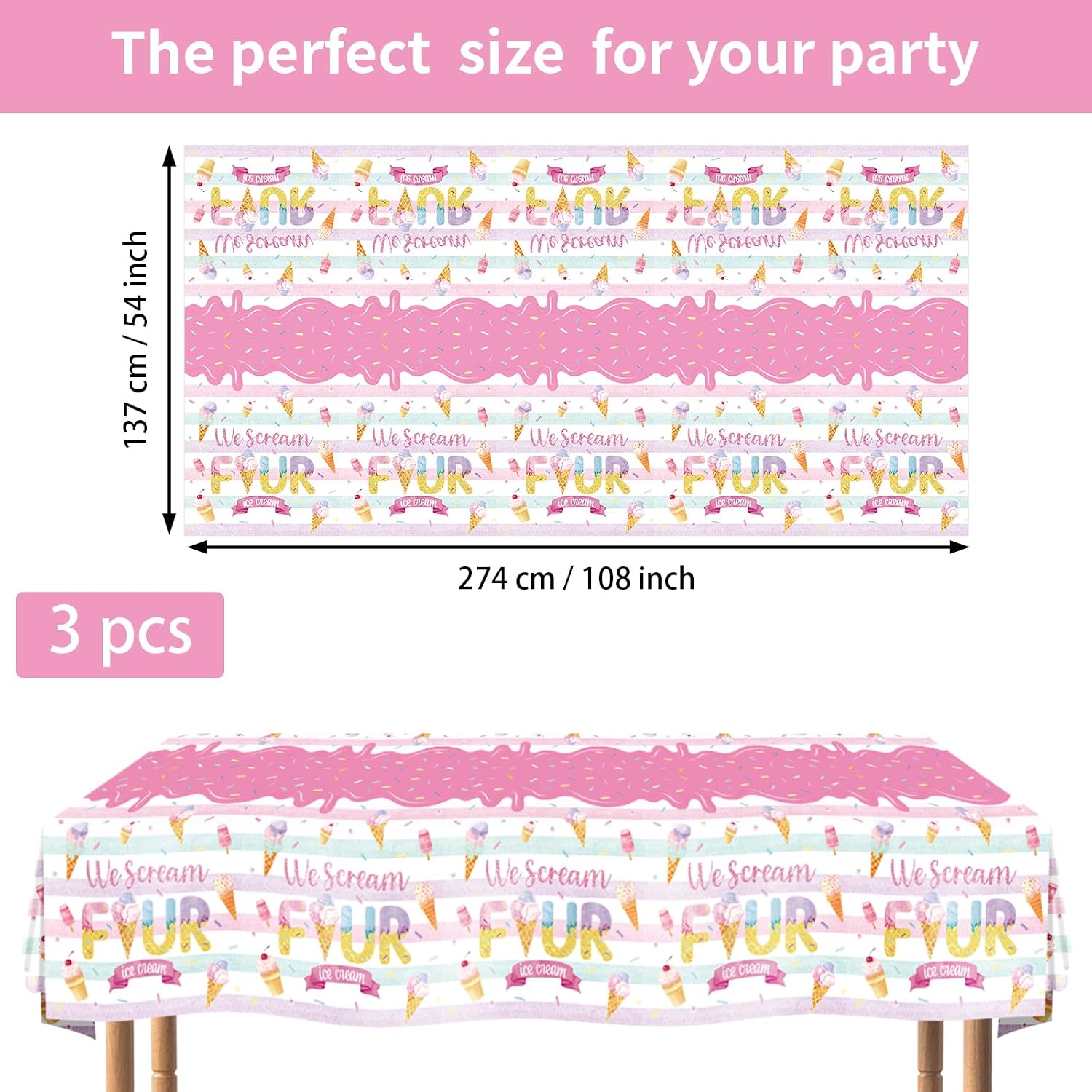 Flat lay of three ice cream 4th birthday tablecloths with dessert pattern