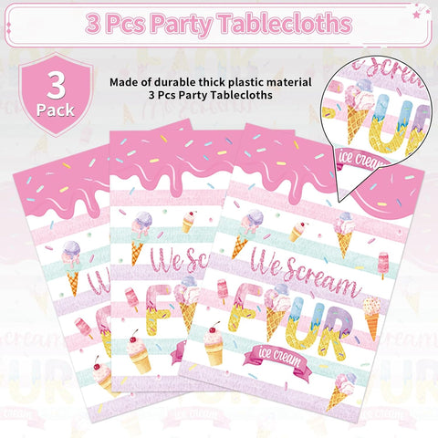 Ice cream birthday tablecloth draped on party table with dessert themed decorations