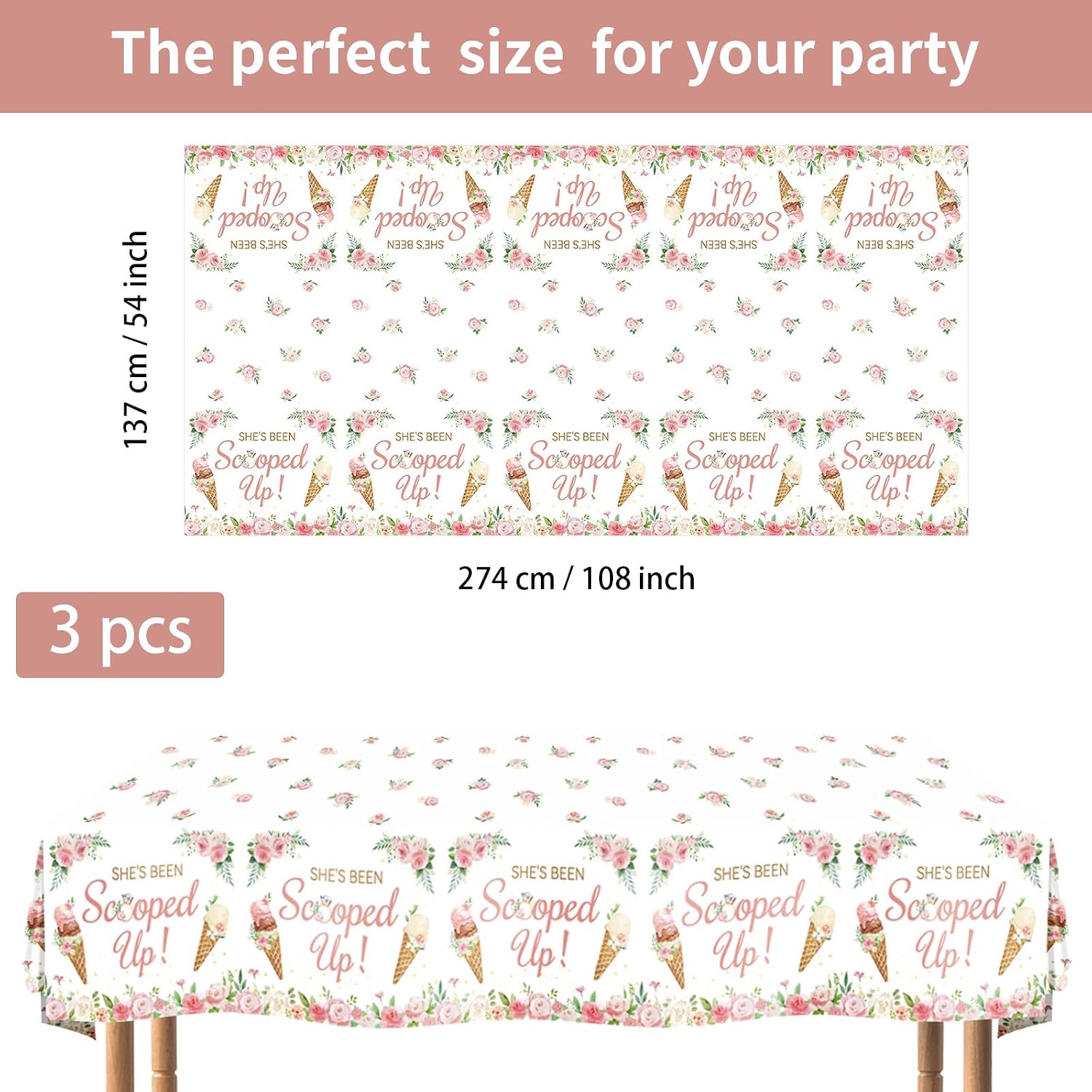 Flat lay of three ice cream bridal shower tablecloths with floral pattern
